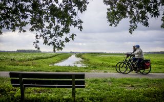 Deelnemers (met fietshelm) aan de Drentse Fiets4Daagse. beeld ANP, Emiel Muijderman 