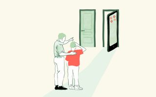 een vader en een zoon kijken naar twee deuren in de vorm van mobieltjes. De ene deur zit dicht, de andere staat open.