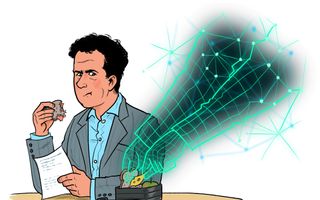 Tekening van een man die aan het eten is, terwijl twee robotarmen in zijn broodtrommel graaien.