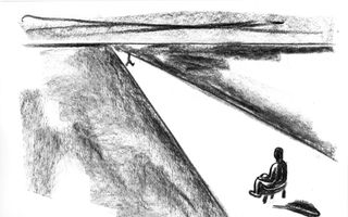 Houtskoolillustratie van een zittende persoon die wacht op een figuur die in de verte aan komt lopen.