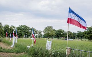Omgekeerde Nederlandse vlaggen staan op stokken in een weiland.