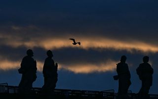 Een meeuw vliegt langs vier standbeelden.