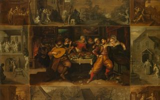 Schilderij waarop een man met baard feest viert met muziek, vrouwen en eten. Daaromheen beelden van dezelfde jonge man bij allerlei andere gelegenheden.