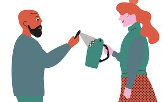 Illustratie van een vrouw die collecteert en een man die via een QR-code een gift geeft.