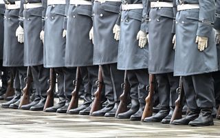 Een rij van acht soldaten in klassieke halflange grijsblauwe jassen en zwarte laarzen staat tot hun middel op de foto. Naast hun jas houden zij een wit-gehandschoende hand, aan de andere zijde hun geweer met de kolf op de grond.