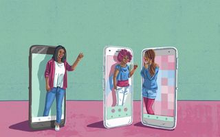 Illustratie van drie rechtopstaand smartphones waar als het ware drie pubermeiden uit gestapt komen.