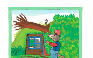 Tekening in heldere kleuren met een boom die over een huis ligt. Achter het raam een kikker, op de voorgrond een rat die blauw-rode kleding draagt. 