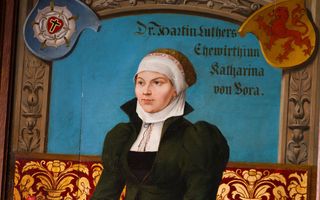 Houten paneel beschilderd met een portret van een vrouw in laatmiddeleeuwse kledij van zwarte jurk met witte sluier.