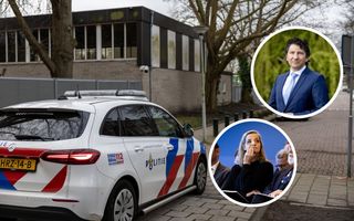 De Joodse school met op de voorgrond een politieauto. Rechts in een cirkel staat Eddo Verdoner in een blauw pak, daaronder in een cirkel Naomi Mestrum in een donkere trui.