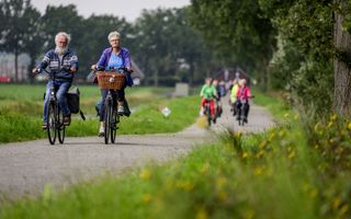 Meerdere oudere fietsers rijden op een fietspad door een groen landschap.