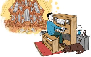 Illustratie van een man die een digitaal orgel bespeelt. In een denkwolk boven zijn hoofd staat een groot kerkorgel.