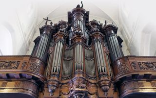 Een rijk gedecoreerd donker houten orgelfront met onder andere beelden van musicerende engelen. 