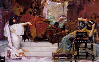 Schilderij waarop een vrouw in witte kleding wijst naar een man in blauw met geel gewaad die op een stoel zit en verschrikt achteruitdeinst. Op de achtergrond kijkt een man in rode kleding toe.