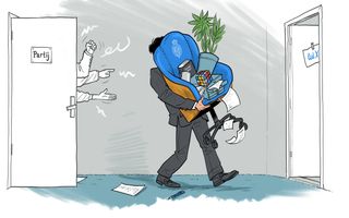 Illustratie van een man die met een blauwe stoel met persoonlijke spullen erop door een gang loopt.