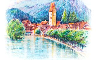 Krijttekening van een dorp in de Zwitserse Alpen.  