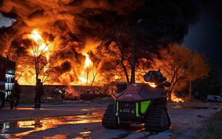 Vuurzee en rookwolken tekenen zich af tegen een donkere lucht.