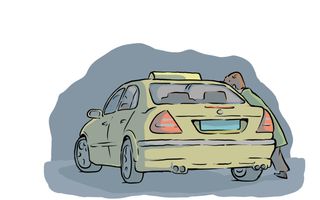 Illustratie van een gele taxi waarin een man met een olijfgroene jas aan instapt.