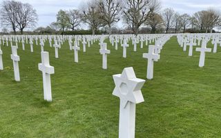 Lange rijen witte kruisen in het groene gras, met op de voorgrond een witte Davidsster.