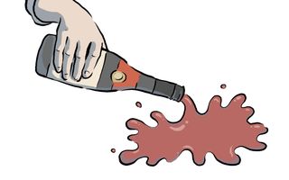 Een hand houdt een fles wijn schuin waar een rode straal uit komt.