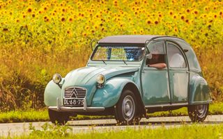 Retrofoto van een vintage Citroën 2CV op een lokale weg voor een veld met bloeiende zonnebloemen in Dieren, Nederland.
