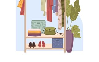 Illustratie van een kledingrek met kleding, tassen, schoenen en enkele dozen, met daarnaast een grote pot met plant.