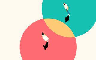 Illustratie van een man en vrouw die op overlappende cirkels lopen.