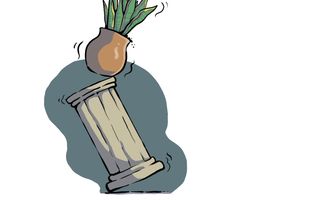 Illustratie van een wankelende stenen zuil met daarop een pot met een plant erin die eraf aan het vallen is.