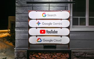 Buiten staat een verlicht bord met de teksten Google Search, Google Gemini, YouTube en Google Cloud.