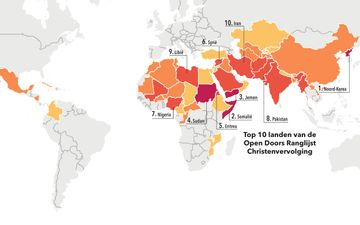 Wereldkaart met daarin tien landen uitgelicht in oranje, rood en geel.