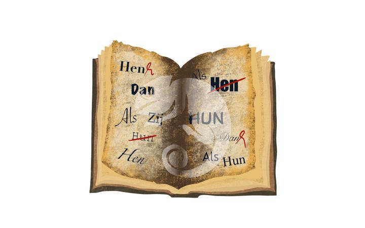 Een oud boek met woorden. Sommige zijn doorgestreept, bij andere staat een krul.