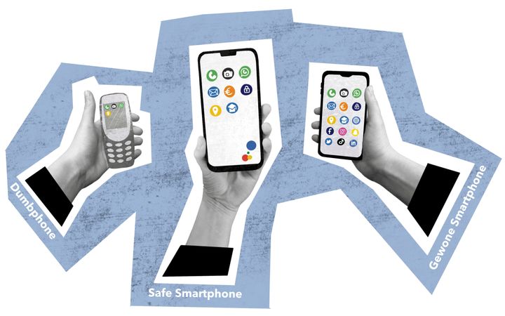 Drie handen houden drie telefoons vast: links een dumbphone, rechts twee smartphones. 