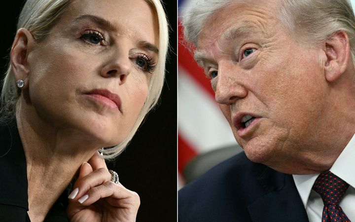 Gecombineerde foto van Pam Bondi en Donald Trump.