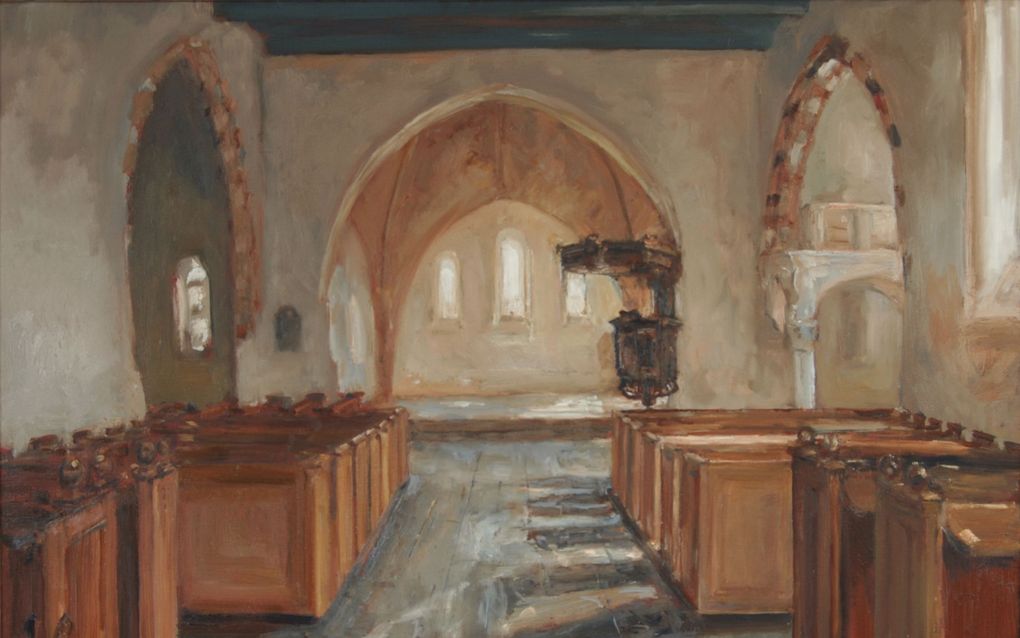 De Franeker kunstschilder Douwe Elias legde in 2007 het interieur van de kerk in het Friese Leermens in olieverf op doek vast. Beeld Museum Martena