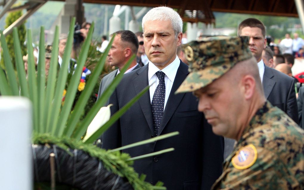 De Servische president Boris Tadic legt bloemen ter herdenking aan de slachtoffers van Srebrenica. Foto EPA