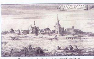 Het Zuid-Bevelandse dorp Reimerswaal verdronk in 1631. Deze kopergravure uit 1696 toont „Rommerswael aen de zee-kant”, op een moment dat het dorp nog niet geheel verzwolgen is. „Meest geinundeert of wegh gespoelt”, luidt de tekst onder het opschrift. De n