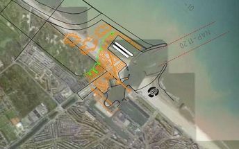 SCHEVENINGEN – Een schets van de mogelijke cruiseterminal in Scheveningen, geprojecteerd over een luchtfoto van de Zuid Hollandse badplaats. Als het aan de initiatiefnemers ligt, moeten zo’n honderd schepen per jaar de terminal gaan aandoen. Foto ANP