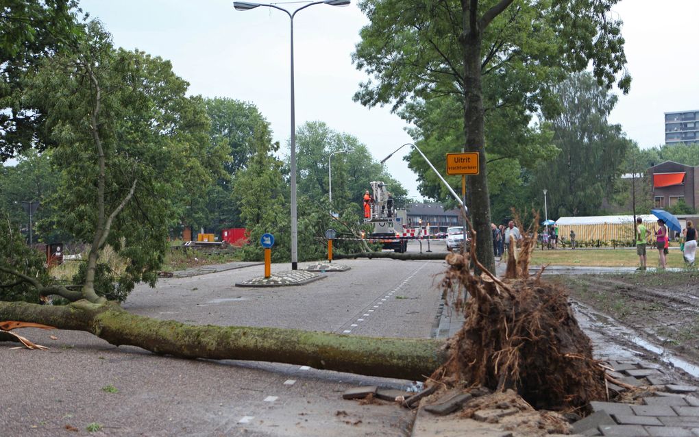 In en rondom Tilburg waaiden bomen om en raakten daken beschadigd door het noodweer van zaterdagavond. Foto ANP