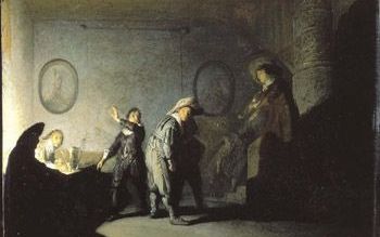 AMSTERDAM â€“ Het 17e-eeuwse schilderij ”Handjeklap” is sinds gisteren officieel erkend als een werk van Rembrandt van Rijn. Volgens het Rembrandt Research Project schilderde de Hollandse meester het paneel rond 1628. - Foto ANP