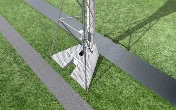 Artist impression van de satelliettoren naast de nieuwe Polderbaan op Schiphol. Er wordt gestart met de bouw van de toren in december. In de zomer van 2003 moet de toren operationeel zijn. De afstand van de Polderbaan tot de huidige verkeerstoren op Schip