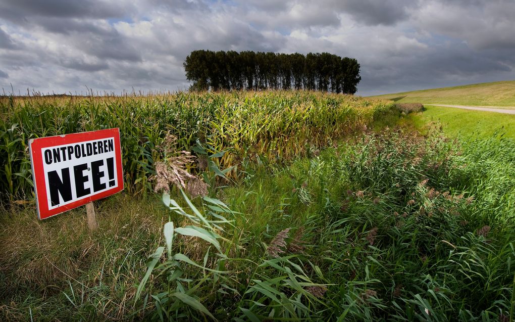 ZEEUWS-VLAANDEREN - Een protestbord tegen ontpolderen in de Nederlandse Hedwigepolder in Zeeuws-Vlaanderen aan de Westerschelde op de grens met de Belgische Prosperpolder. Foto ANP