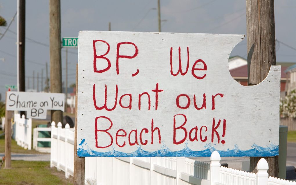 Protestborden in Grand Isle, Verenigde Staten. Foto EPA