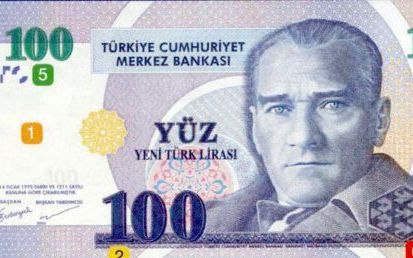 ANKARA â€“ Het nieuwe Turkse biljet van 100 lira. Turkije is het nieuwe jaar begonnen met een nieuwe munteenheid. Op de liramuntbiljetten staan nu zes nullen minder dan in 2004, ofwel: het nieuwe Turkse pond is een miljoen keer zo veel waard als het oude.