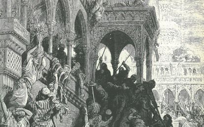 Tijdens de kruistochten richten christenen onder de inwoners van Antiochië een grote slachting aan. Illustratie Gustave Doré