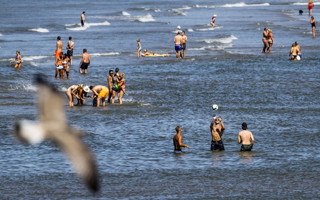 Strandgangers zoeken verkoeling op het strand bij Wijk aan Zee. beeld ANP, Remko de Waal