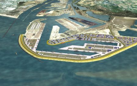 ROTTERDAM â€“ Een artist’s impression van de nieuwe Tweede Maasvlakte, ruim 2000 hectare nieuwe landaanwinning in de Noordzee. De grote aannemerscombinaties mogen zich de komende maanden buigen over de visuele invulling van het project. Foto RD