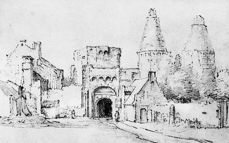 RHENEN - Een tekening van de Rijnpoort in Rhenen. De afbeelding staat in het boek ”Tegen de Helling van de Heuvelrug – Rhenen in oude tekeningen 1600 1900”, dat vrijdag werd gepresenteerd bij het 100-arig jubileum van de Historische Vereniging. - Tekening