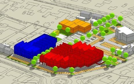 RENSWOUDE – Een impressie van het nieuwe centrum van Renswoude. Tussen de twee rijen bomen komt een promenade. Op de voorgrond staat de geplande supermarkt met andere winkels en appartementen. Illustratie gemeente Renswoude