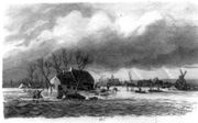 VEENENDAAL â€“ Een staalgravure van Charles Edouard Taurel toont de Gelderse Vallei tijdens de watersnood van 1855. In het hele gebied waren huizen en dorpen van de buitenwereld afgesloten. Illustratie collectie Hennie Henzen