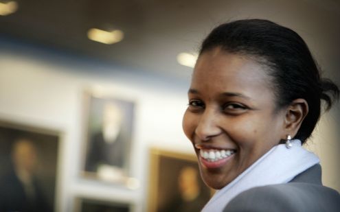 AMSTERDAM - Hirsi Ali na het gastcollege Bestuurkunde aan de Vrije Universiteit in Amsterdam. Foto ANP