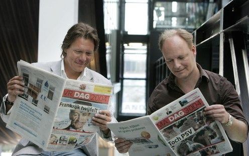 AMSTERDAM – Topmannen Joris van Heukelom (L.) en Edwin Tromp van de nieuwe gratis krant DAG omschrijven hun nieuwsproject als een crossmediaal nieuwsplatform. Foto: ANP